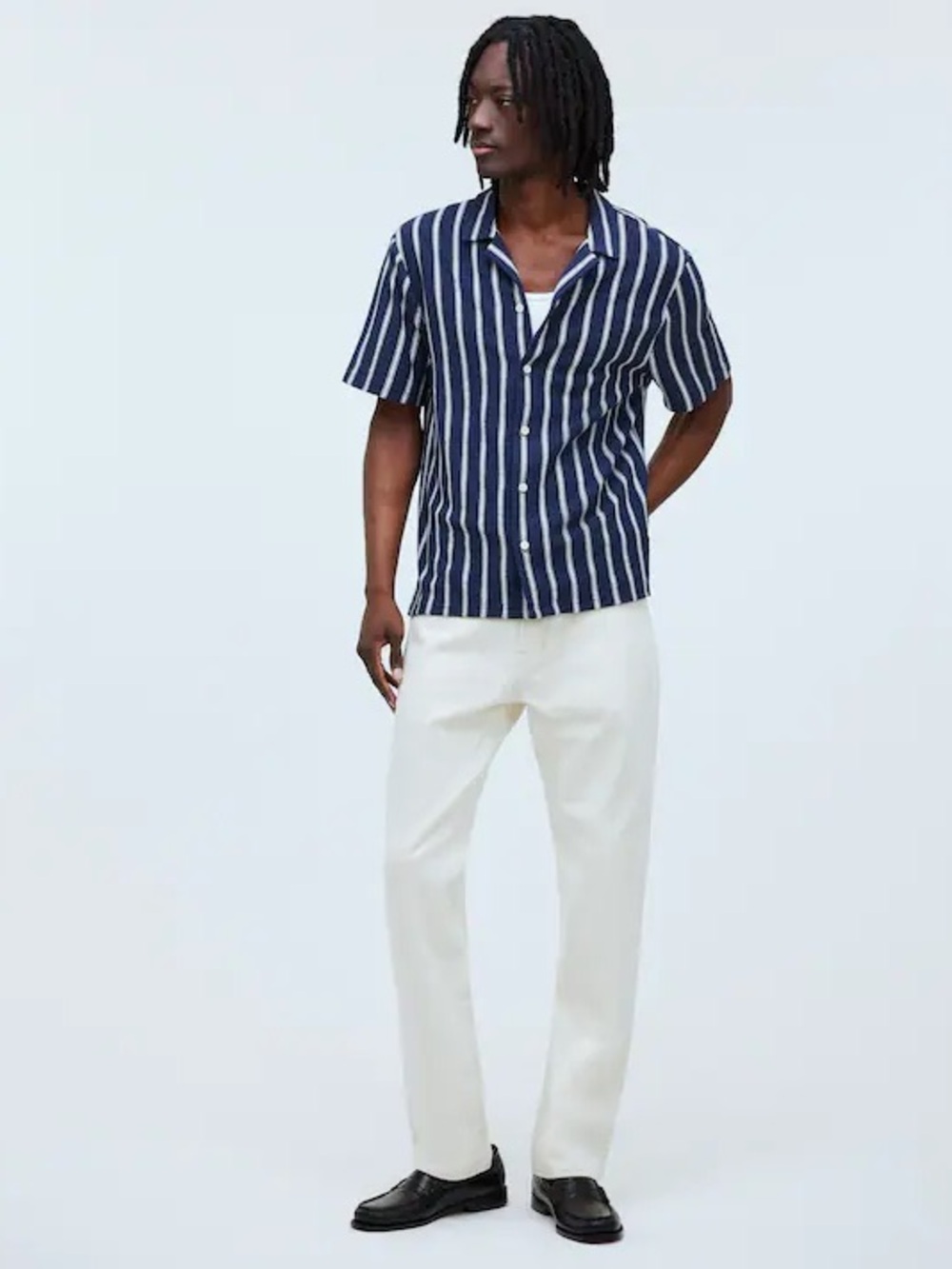 Madewell Easy Short-Sleeve Shirt in Stripe Jacquard Dark Baltic Size Large